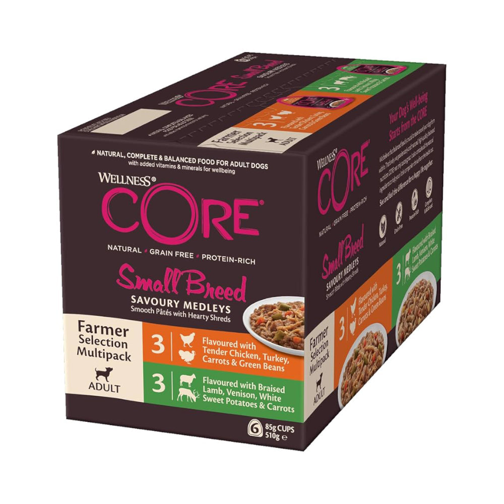 ويلنس كور طعام رطب للكلاب البالغة من السلالات الصغيرة مجموعة المزارع المتنوعة بنكهات متنوعة 510غ