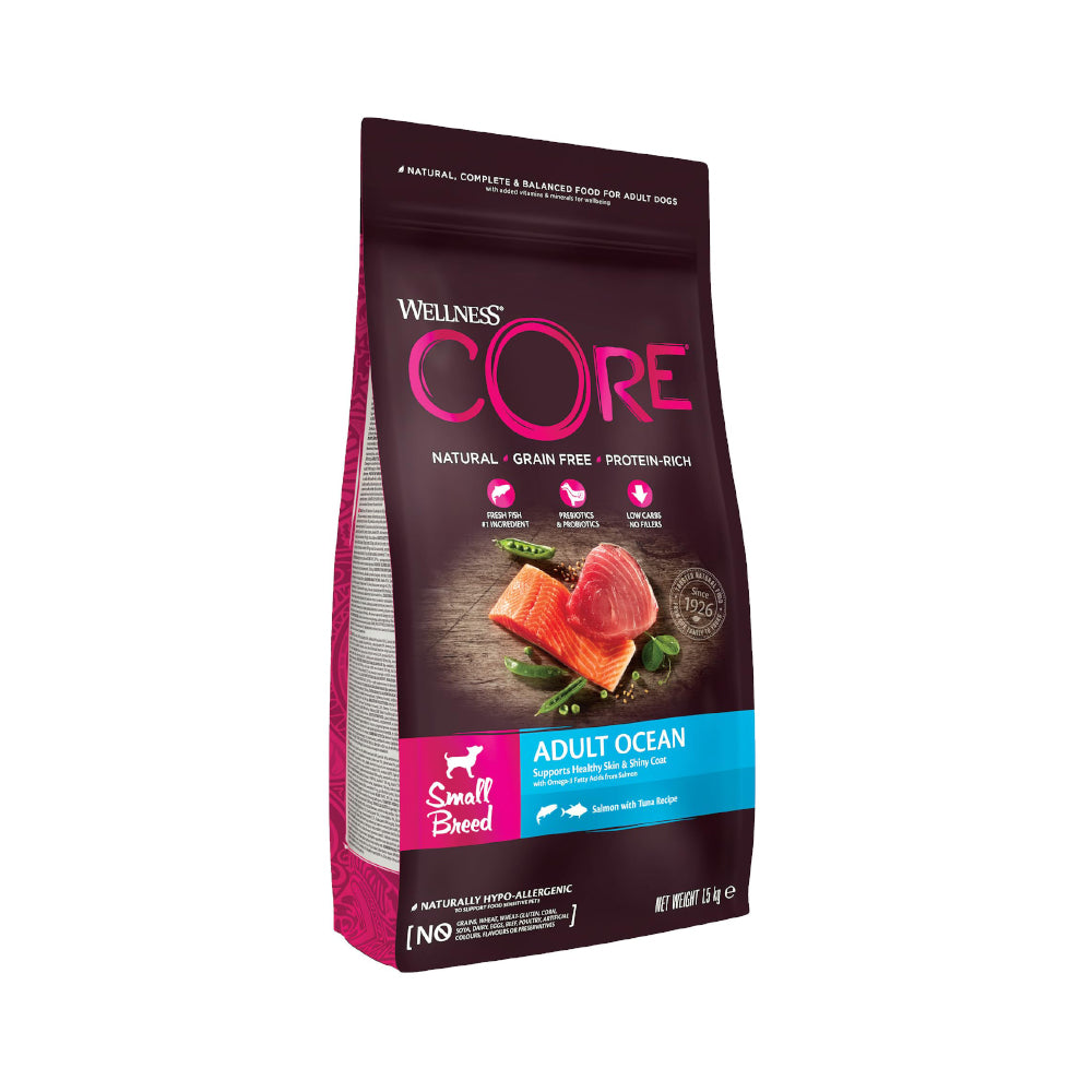 ويلنس كور طعام جاف للكلاب البالغة من السلالات الصغيرة لدعم صحة البشرة والفرو بنكهة التونة والسالمون