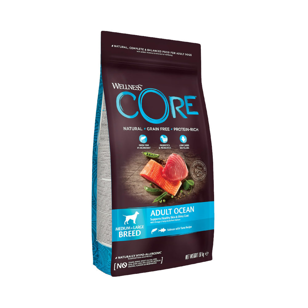 ويلنس كور طعام جاف للكلاب البالغة من السلالات المتوسطة والكبيرة لدعم صحة البشرة والفرو بنكهة التونة والسالمون