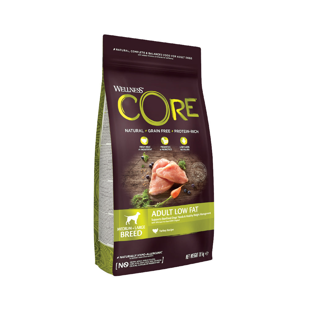 ويلنس كور طعام جاف قليل الدهون للكلاب البالغة من السلالات المتوسطة والكبيرة بنكهة الديك الرومي