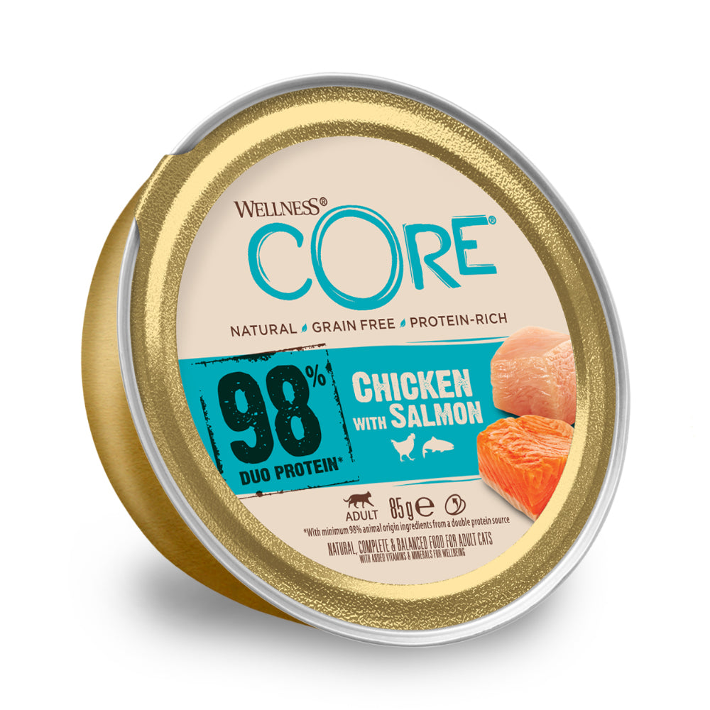 ويلنس كور طعام رطب للقطط البالغة بروتين مزدوج بنكهة الدجاج والسالمون 85غ