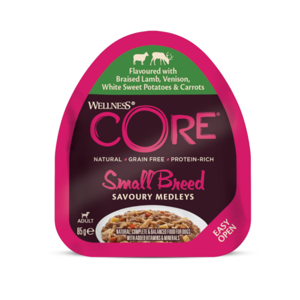 ويلنس كور طعام رطب للكلاب البالغة من السلالات الصغيرة بنكهة لحم الضأن ولحم الغزال مع البطاطا الحلوة البيضاء والجزر 85غ