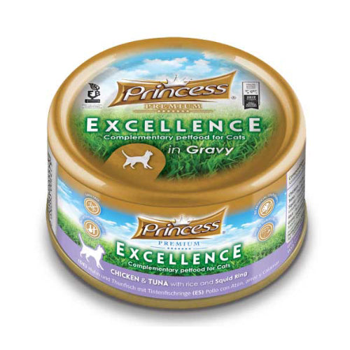 برينسيس بريميوم اكسلانس طعام رطب للقطط بنكهة الدجاج والتونة مع الارز وحلقات الحبار في المرق 70غ