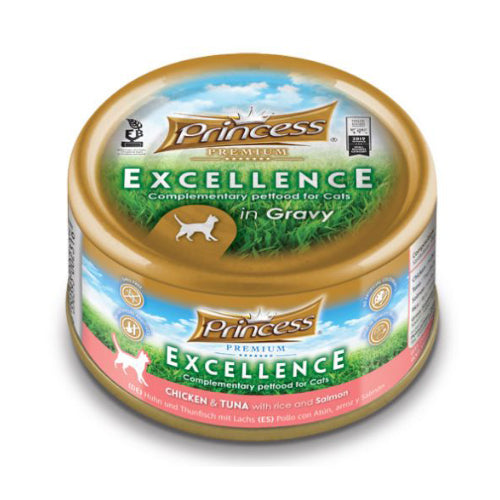 برينسيس بريميوم اكسلانس طعام رطب للقطط بنكهة الدجاج والتونة مع الارز والسالمون في المرق 70غ